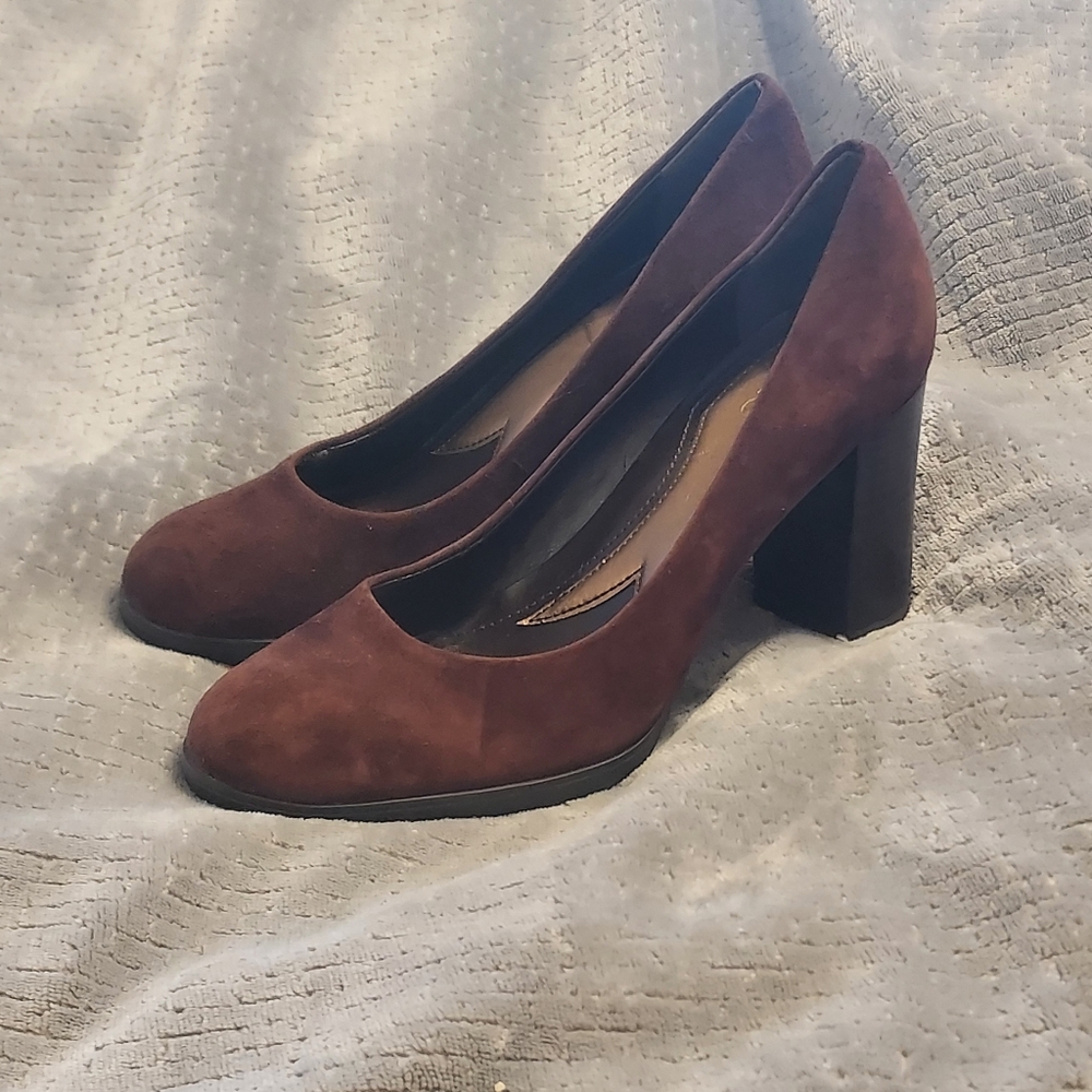 Franco Sarto Opium Brown Suede Leather Block Heels 7 Minimalist